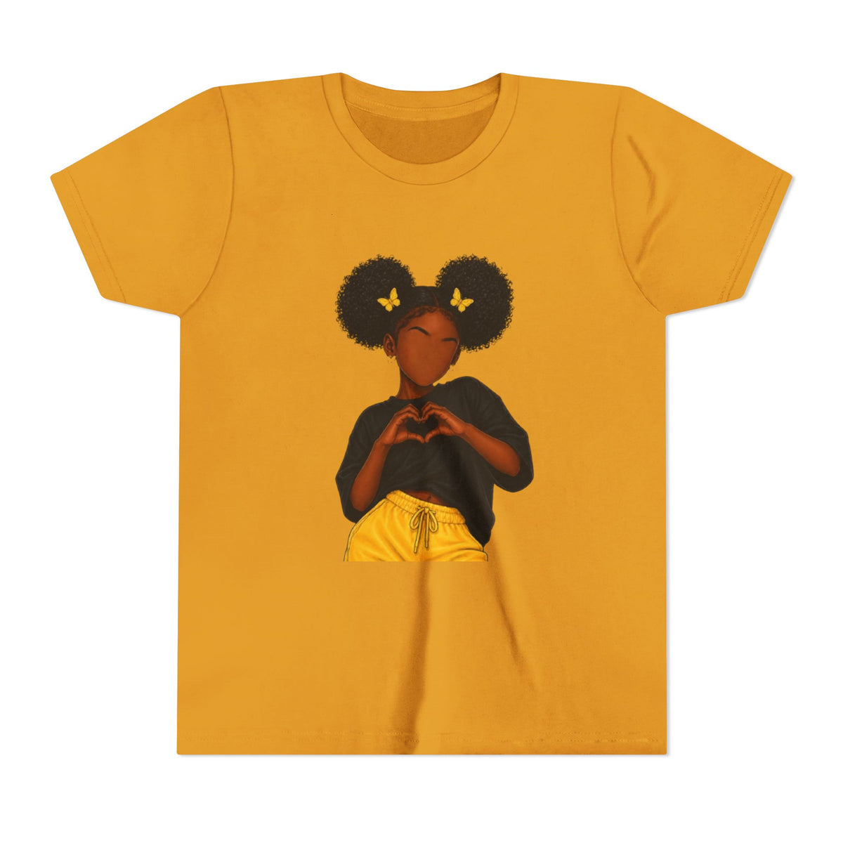 Youth Tee - Cute Black Girl Heart Pose Graphic with Yellow Butterflies
