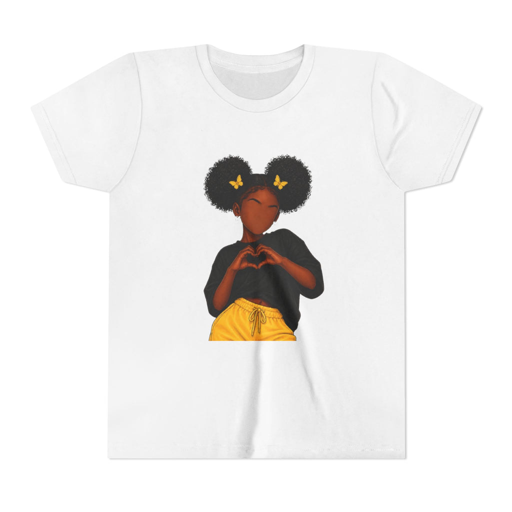 Youth Tee - Cute Black Girl Heart Pose Graphic with Yellow Butterflies