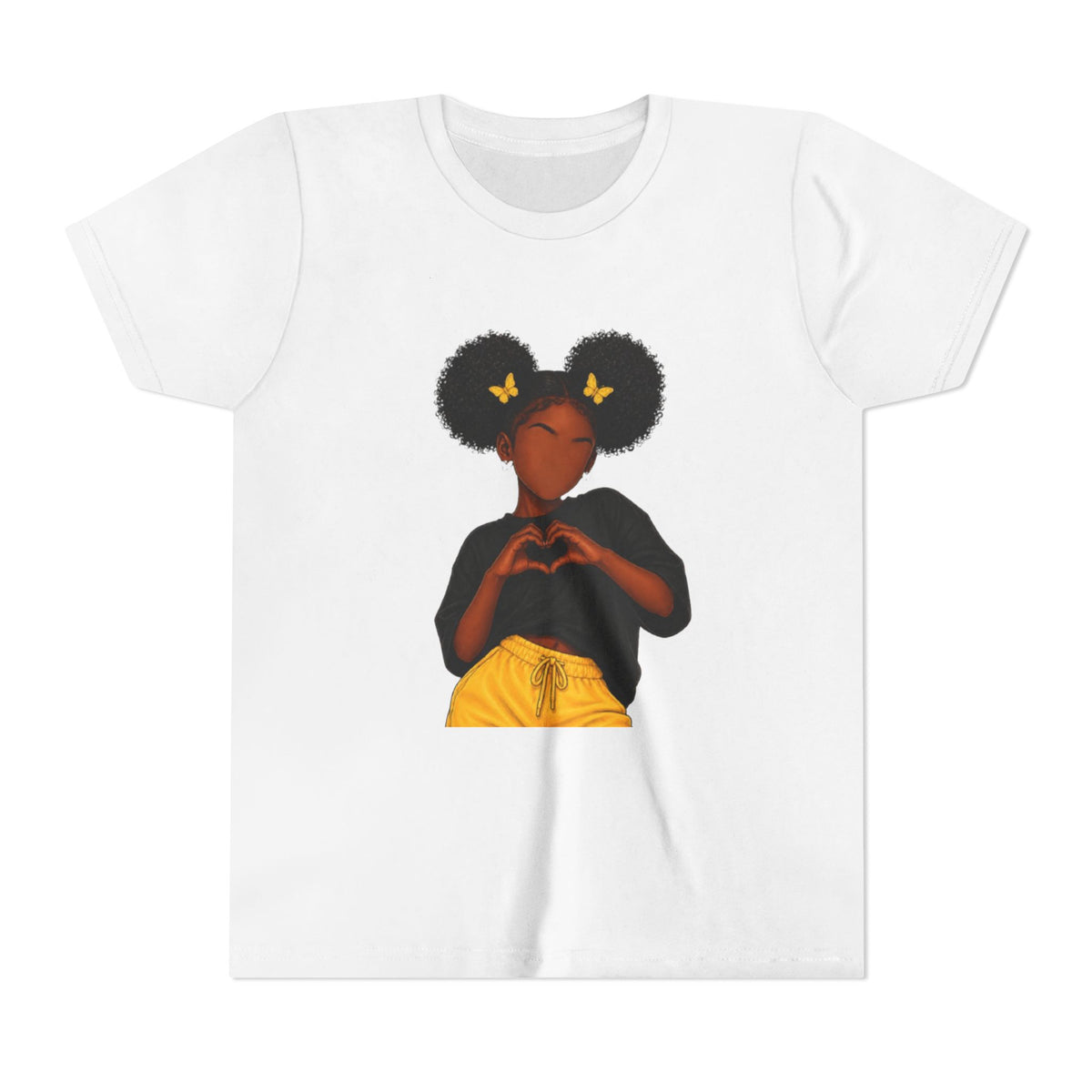Youth Tee - Cute Black Girl Heart Pose Graphic with Yellow Butterflies