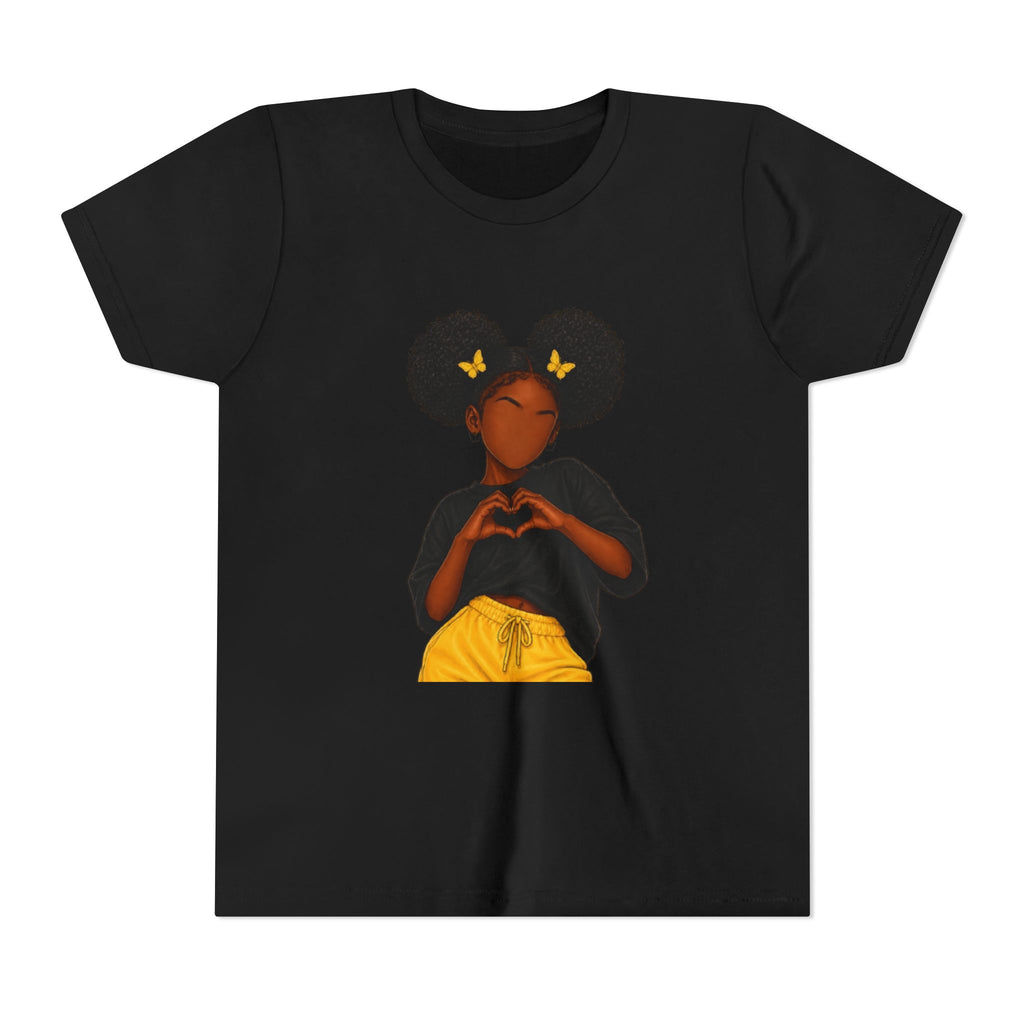 Youth Tee - Cute Black Girl Heart Pose Graphic with Yellow Butterflies