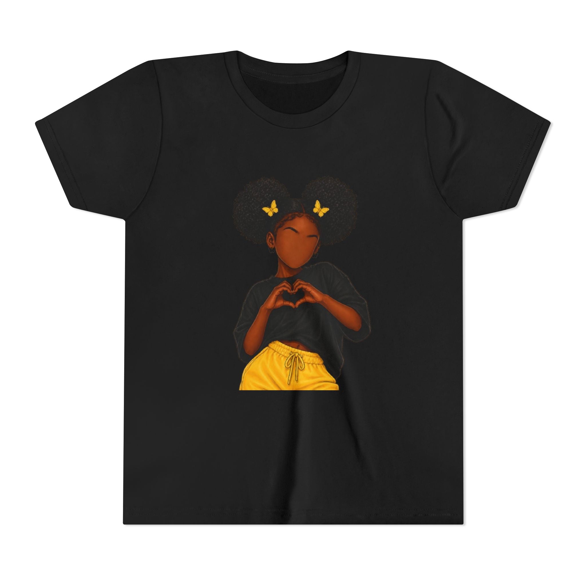 Youth Tee - Cute Black Girl Heart Pose Graphic with Yellow Butterflies