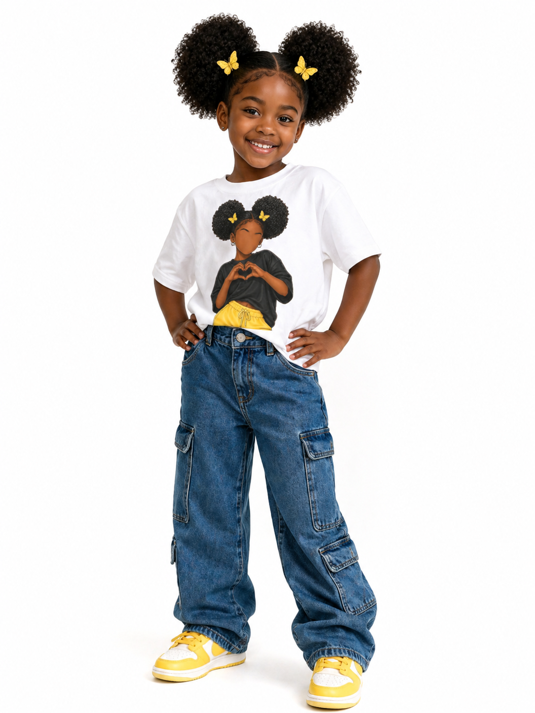 Youth Tee - Cute Black Girl Heart Pose Graphic with Yellow Butterflies