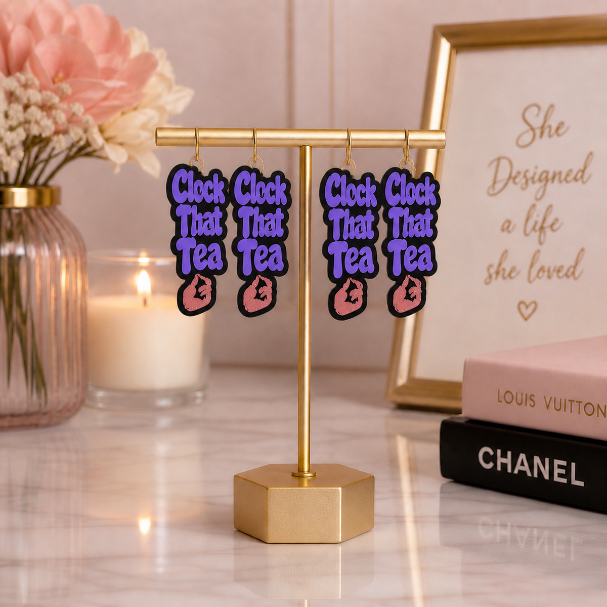 "Clock That Tea” Statement Earrings – 3D Printed Matte Finish