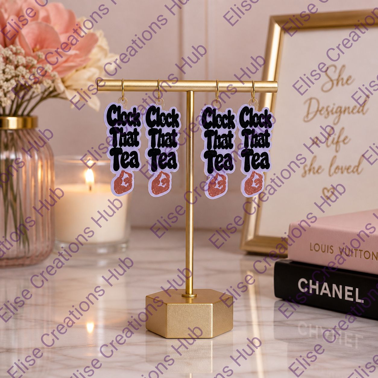 "Clock That Tea” Statement Earrings – 3D Printed Matte Finish